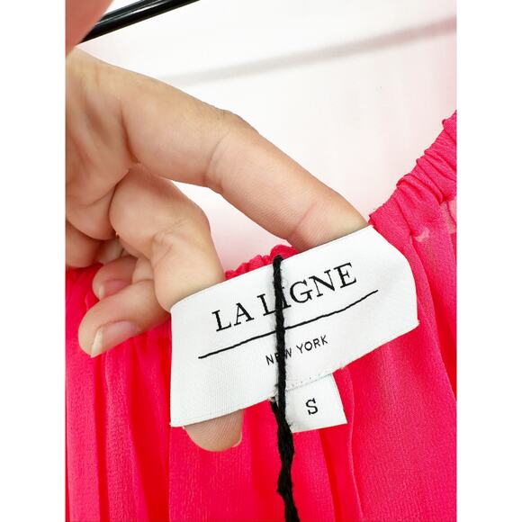 La Ligne Isabelle Gathered Silk Chiffon Hot Pink Puff Sleeve Maxi Dress Sz S NWT - Picture 4 of 6